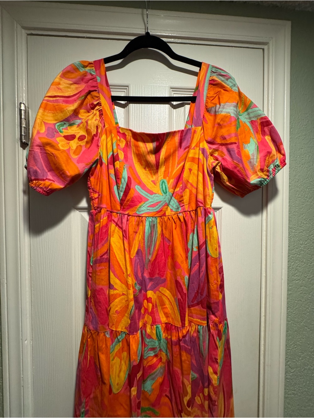 Vibrant Orange & Pink Puff-Sleeve Midi Dress